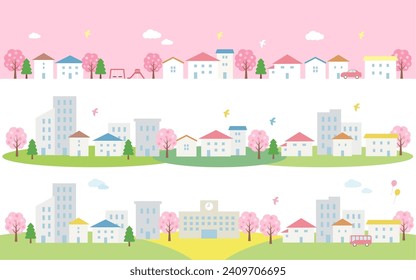 Spring cityscape material set with cherry blossoms blooming