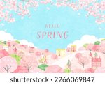 Spring cityscape and people with cherry blossoms. Vector illustration background.