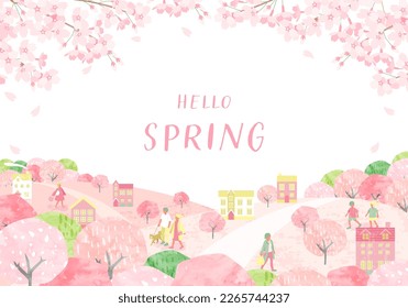 Spring cityscape and people with cherry blossoms. Vector illustration background.