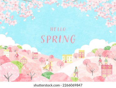 Paisaje urbano de primavera y gente con flores de cerezo. Fondo de la ilustración del vector.