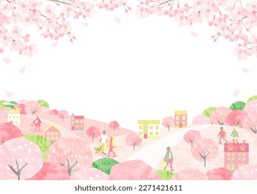 Spring cityscape and people with cherry blossoms. Vector illustration background.