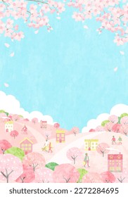 Spring cityscape and people with cherry blossoms. Vector illustration background.