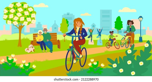 Spring cityscape. People walking in the park. Young girl , African american woman with daughter riding a bake. Senior couple and their pomeranian spitz sitting on bench. Two women do yoga exercises 