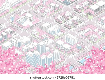 Spring cityscape. Three-dimensional view of the townscape.