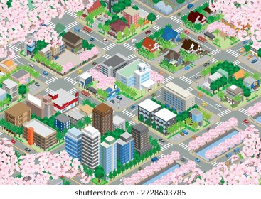 Paisagem urbana da primavera. Vista tridimensional da paisagem urbana.