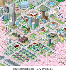 Spring cityscape. Three-dimensional view of the townscape.