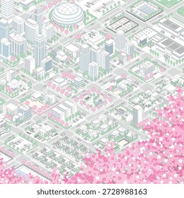 Spring cityscape. Three-dimensional view of the townscape.