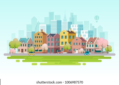 Escenario de ciudad de primavera.Ilustración vectorial.