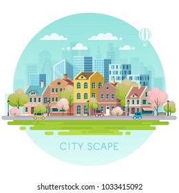 Spring cityscape.Vector illustration.