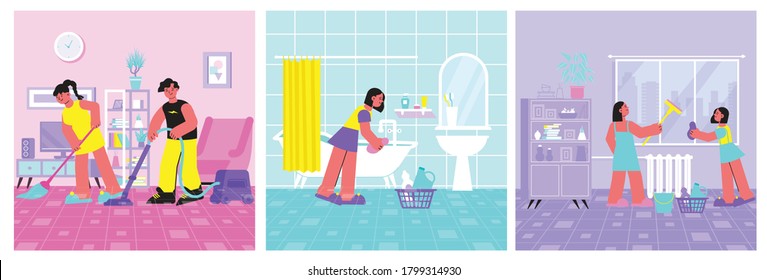 Spring cleaning 3 square flat compositions set with scrubbing bathtub washing windows vacuuming sweeping floor vector illustration 