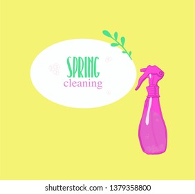 Spring cleaning background with a pink spray bottle, leaves, soap bubbles. Cleaning equipment and tools. Yellow background. - Vector