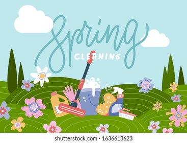 Spring cleaning background with cleaning tools in flowering field. Flat hand drawn vector illustration for greeting card, ad, promotion, poster, flier, blog, article