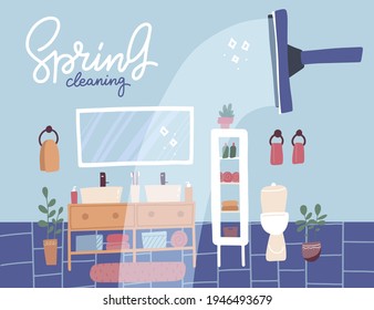 Spring Cleaning Banner. Bathroom Cleaning Service. Radiant Purity Concept. House Interior In Scandinavian Style. Flat Vector Illustration.