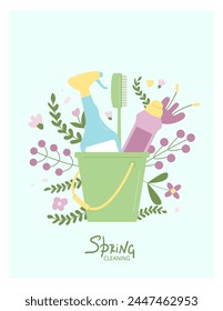 Anuncio limpiador de muelles. Cubo con cepillos y botellas para limpieza. Herramientas y flores más limpias. Ilustración plana de Vector de concepto de lavado estacional.