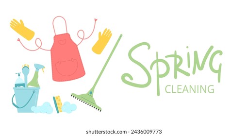 Spring cleaning banner template. Equipment elements for wash home with lettering background. Housework concept. Bucket, gloves and mop spray various tools. Vector flat illustration.