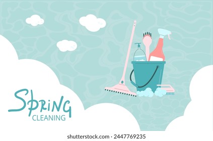 Spring cleaning banner template. Equipment elements for wash home with lettering background. Housework concept. Bucket, mop brushes spray various tools. Vector flat illustration.