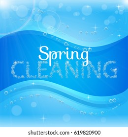 Spring cleaning banner with washing soap foam bubbles. Shiny blue background with sunny waves. Housekeeping and cleaning service design. Flyer with realistic shampoo bubbles with lights, blinks, blur.