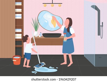 Spring cleaning in bathroom flat color vector illustration. Kid washing floor. Woman wiping mirror. Housekeeping chores. Mother with son 2D cartoon characters with bath room interior on background