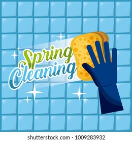 spring cleaning blue glove with sponge wash the wall tiles