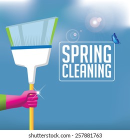 Spring cleaning broom background. EPS 10 vector royalty free stock illustration for ad, promotion, poster, flier, blog, article, social media, marketing, brochure, signage, supplies, retail, more