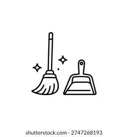 Spring cleaning broom and dustpan black and white vector Spring cleaning minimalist line art illustration