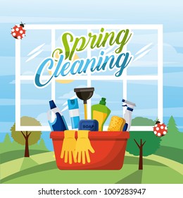 spring cleaning bucket equipment with window and landscape background