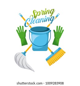 spring cleaning bucket gloves mop and broom