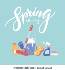 Spring Cleaning bunner with house cleanup tools. hand written lettering quote. Flat hand drawn vector illustration.