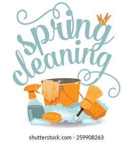 Spring Cleaning cheerful flat design EPS 10 vector royalty free stock illustration for greeting card, ad, promotion, poster, flier, blog, article, social media, marketing