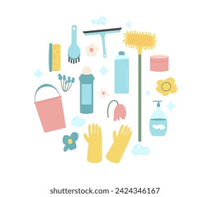 Spring cleaning circle composition isolated on white background Wash home tools set in round shape. Vector illustration.