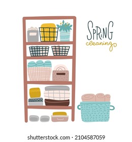 Limpieza primaveral del armario. Armario con estante, toallas, cajas y cesta para el almacenamiento. Gabinete de baño, estanterías para toallas, suministros y accesorios. Ilustración vectorial dibujada a mano plana.