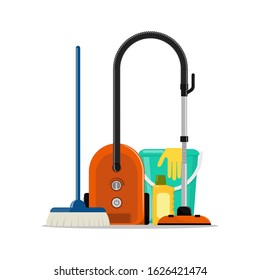 Spring cleaning concept. Bucket, brush, rubber gloves, hoover Vector illustration flat style