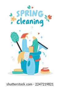 Spring cleaning concept. Hand drawn bucket with cleaning supplies, bottles, brush, spray, sponge, gloves. Housework concept. Various Cleaning items. Isolated Vector illustrations. 