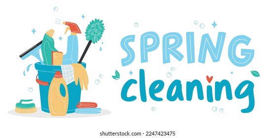 Spring cleaning concept. Hand drawn bucket with cleaning supplies, bottles, brush, spray, sponge, gloves. Housework concept. Various Cleaning items. Isolated Vector illustrations. 