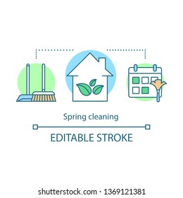 Spring cleaning concept icon. Cleaning services idea thin line illustration. Holiday cleaning. Sweeping, wiping. Housekeeping. House maintenance. Vector isolated outline drawing. Editable stroke