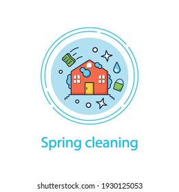 Spring cleaning concept line icon. Spring outdoor cleanup. Sweeping, wiping. House maintenance. Housekeeping concept.Vector isolated conception metaphor illustration