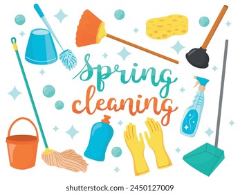 Spring cleaning concept. Set with cleaning supplies, bottles, brush, spray, sponge and gloves. Housework concept. Various Cleaning items. Isolated Vector illustrations