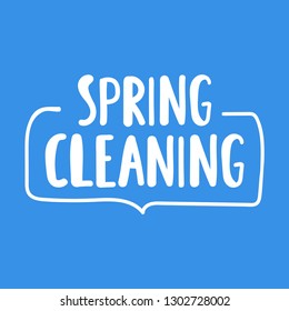 Spring cleaning flat badge. Vector hand drawn illustration on blue background.