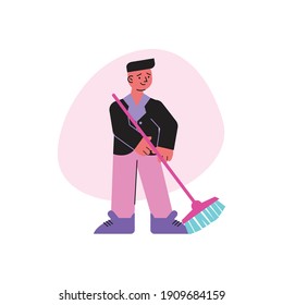 Spring cleaning flat composition with doodle style human characters performing home cleanup vector illustration