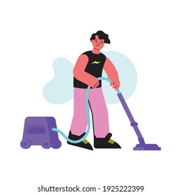 Spring cleaning flat composition with doodle style human characters performing home cleanup vector illustration