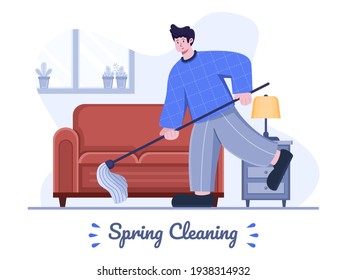 Spring Cleaning flat illustration with people mopping the floor. House cleaning at spring. Home clean up spring. Can be used for poster, banner, greeting card, postcard, presentation, animation, web.