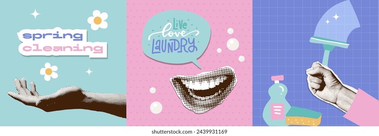 Banners de collage de semitonos de limpieza de primavera con letras. Mano limpia azulejo o ventana con escobilla. Ilustración de medios mixtos de desinfección de limpieza con raspador y detergente. Concepto de hogar limpio.