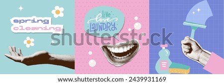 Spring cleaning halftone collage banners with lettering. Hand cleans tile or window with squeegee. Mixed media illustration of disinfecting cleanup with scraper and detergent. Clean home concept.
