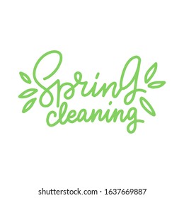 Spring cleaning. Hand drawn line trendy lettering with leaves. Vector typography.