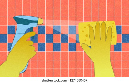 Spring cleaning, hands in yellow  gloves with spray and sponge wash the red wall tiles. Flat vector illustration with noise and texture, marble textured background.