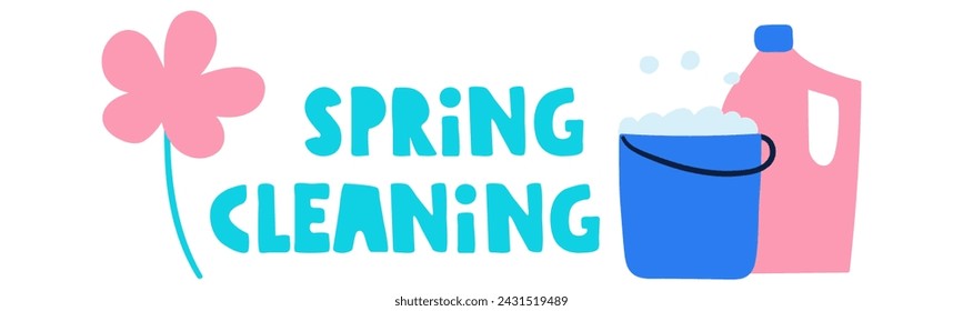 Spring cleaning. Horizontal banner. Flat design. Vector illustration on white background.