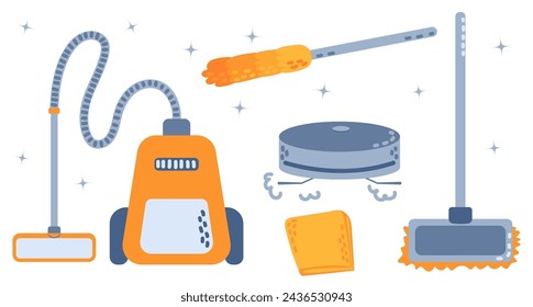 Spring Cleaning icons, flat style. House cleaning products and tools
