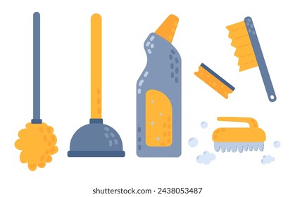 Spring Cleaning icons, flat style. House cleaning products and tools	