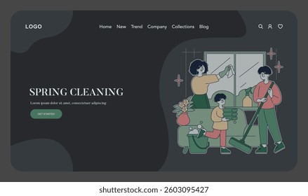 Spring cleaning illustration highlighting family teamwork in refreshing the home. Individuals are engaged in various cleaning tasks, showcasing the spirit of renewal and organization in early spring