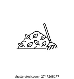 Spring cleaning leaves black and white vector rake and leaf pile spring gardening illustration